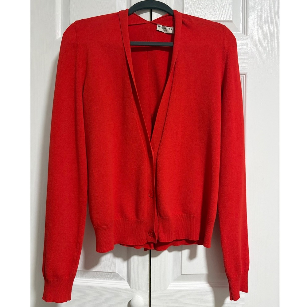 Balenciaga Paris Red Button Front Cardigan Back Drape Knit Sweater IT 42
